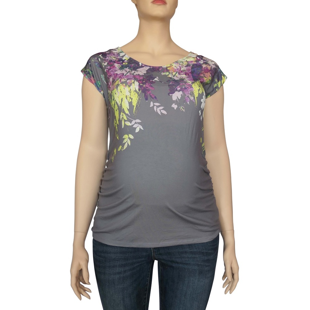 L Grey with Yellow and Purple Floral Pattern Shirt